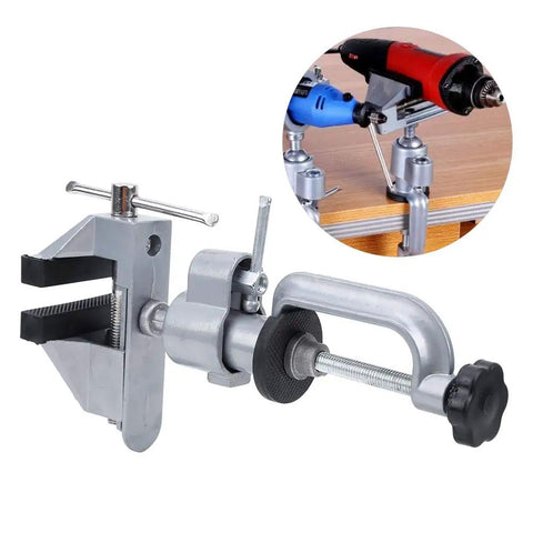 Beefy Aluminum Electric Drill Stand For Drill Press Use, affixed on table showing adjustable mechanism and sturdy aluminum construction