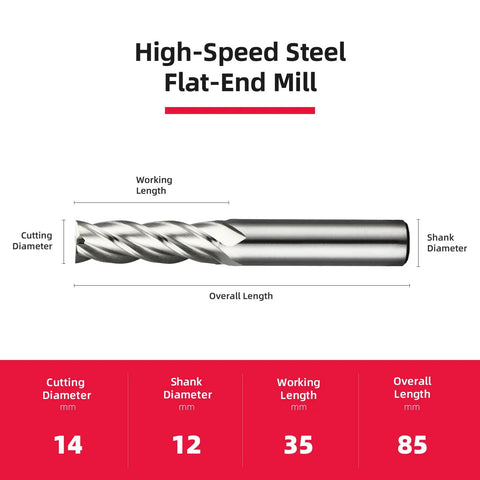 14mm 1Pc 4 Flute HSS Straight Shank End Mill Cutter Center Cutting For Slot And Keyway Milling, 0.55 Inch Diameter, 85mm Length