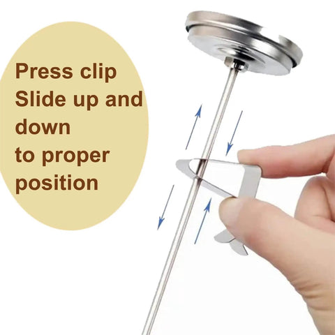 Close-up of Milk Frothing Thermometer For Coffee And Chocolate Pro Grade Stainless Steel Temp Gauge with hand adjusting clip