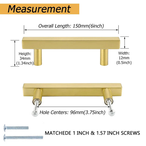 Stainless Steel Brushed Brass T Bar Cabinet Pulls 3-3/4 Inch Hole Centers, 6 Inch Overall Length, 1.34 Inch Height, Gold Cabinet Handles For Kitchen Cupboard And Drawer Hardware, 20 Pack