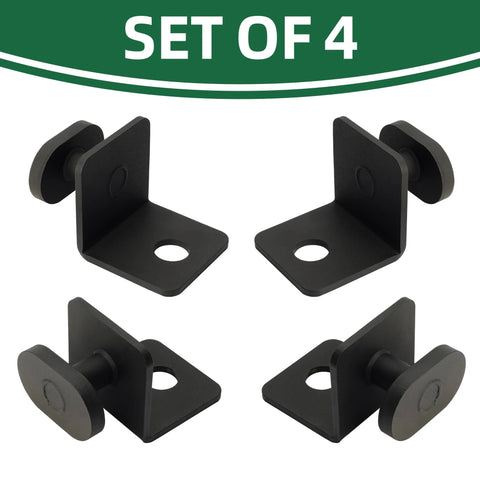 Set of 4 heavy angle iron twist lock container anchors for ground or cement installation to secure containers and reduce erosion.