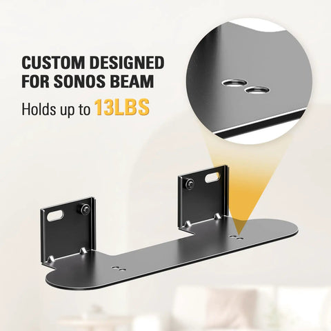 Low Profile Soundbar Mount For Sonos Beam With No Fuss Easy Access Design, Sliding Block Extension Arm, Fits TVs Up To 600x400mm, Aluminum Bracket Holds Up To 13 Lbs, Keeps Soundbar Under Your TV For Rich Immersive Audio. Black aluminum mount for Sonos Beam, holds 13 lbs
