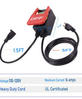 Emergency Stop Cover Switch Power Extension Cable 110V 120V single phase on off switch with dimensions and cord length.