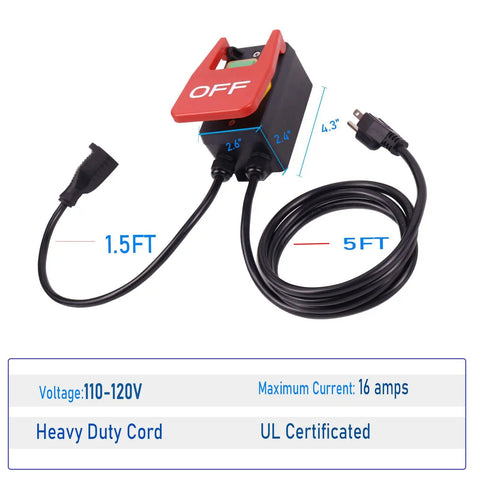 Emergency Stop Cover Switch Power Extension Cable 110V 120V single phase on off switch with dimensions and cord length.