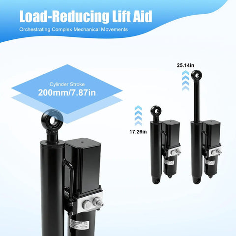 Beefy Heavy Duty 12V Linear Actuator Delivers 4409 Lbs Thrust With 800W Motor At 2850RPM 7.9 Inch Stroke For Agriculture Automotive Industry And Manufacturing Electro Hydraulic Precision For Heavy Lifting And Smooth Bidirectional Control. Black 12V actuator with 200mm stroke and eye mount