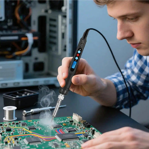 Person using 60W LED Display Soldering Iron Kit With Ceramic Heater, Adjustable Temperature Soldering Gun on circuit board.