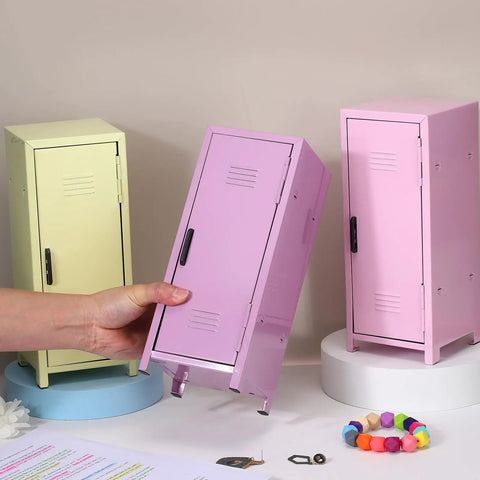 Amp Up Your Desk Setup With This Super Cute Mini Metal Locker Set Of Two Compact Desktop Money Safe With Lock Keys Premium Gloss Stash Box For Cash Jewelry Snacks Light Pink And Yellow, featuring pink and yellow metal lockers.