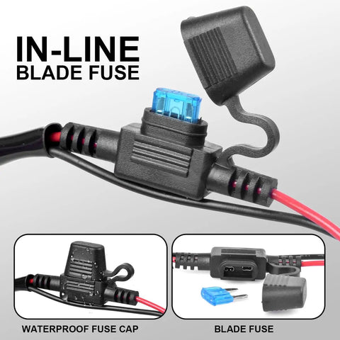 Close-up of the in-line blade fuse in the Two-Lead LED Light Wiring Harness With ON-OFF-ON Handlebar Switch for 22mm handlebars.