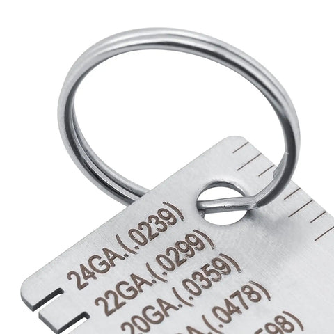 Close-up of Metal Gauge Thickness Tool For Sheet Metal And Welding Projects 24GA To 0.035 Inch Thickness Gauge With Clear Readouts.
