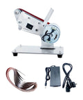 Compact Electric Mini Belt Sander Bench Polisher With Adjustable Speed For Metal Woodwork, featuring motor, sanding belt, and spare abrasives.