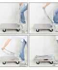 Heavy Duty Moving Cart Built Tough For Garage Or Shop Use Featuring Smooth 360 Swivel Wheels And Quick Fold Tray in use, showing foldable feature.