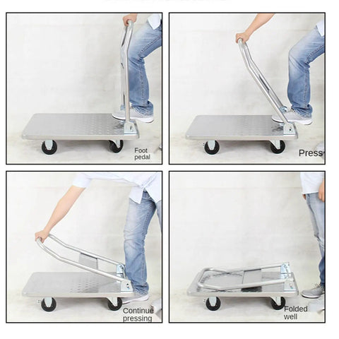Heavy Duty Moving Cart Built Tough For Garage Or Shop Use Featuring Smooth 360 Swivel Wheels And Quick Fold Tray in use, showing foldable feature.