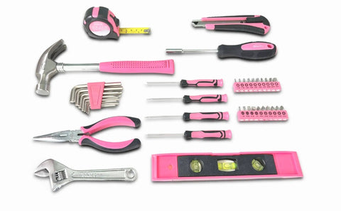 39 Piece General Household Tool Set In Toolbox Storage Case With Essential Hand Tools For Everyday Home Repairs DIY And Crafts Pink Ribbon Edition Includes Hammer Pliers Wrench Tape Measure Utility Knife Magnetic Level And More laid out