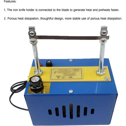 Electric Hot Knife Benchtop Cutter with 105 mm cutting width, 900°C blade temperature, 4-stage adjustable control, blue base