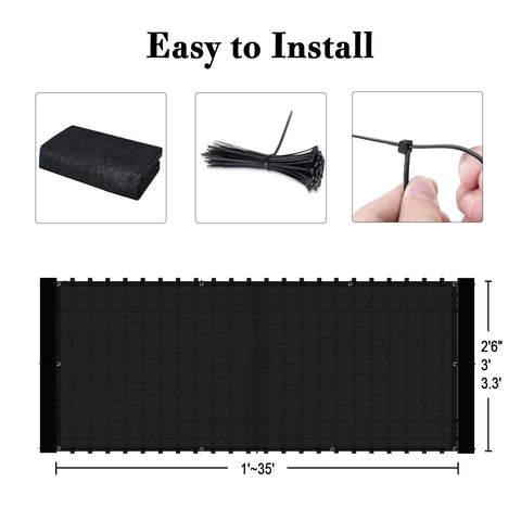 Black Balcony Privacy Screen Windscreen Shade Netting 3x10 Feet With Grommets UV Protection 95 Percent shown with installation tools