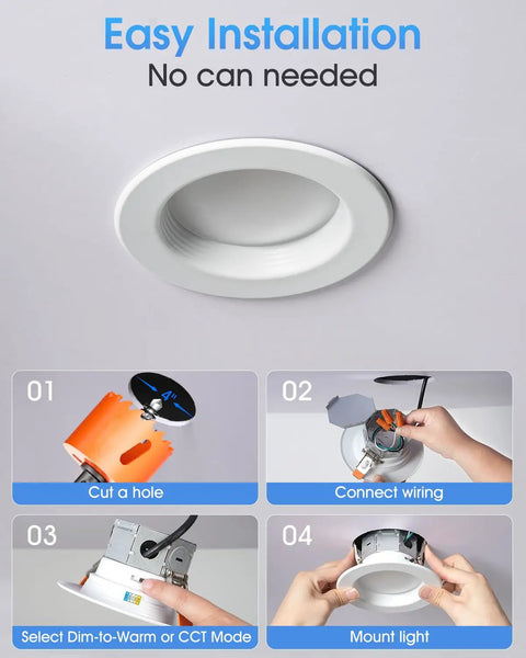 Installation steps for ZYC Oil-Rubbed Bronze 4 Retrofit LED Recessed Lighting 4 Inch showing cutting, connecting, and mounting.