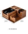 Heavy Duty Solid Walnut Espresso Tamper Station With Integrated Knock Box And Filter Cup Non Slip Base dimensions 23x24x9cm for 51 53 58 Mm portafilters.