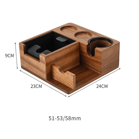 Heavy Duty Solid Walnut Espresso Tamper Station With Integrated Knock Box And Filter Cup Non Slip Base dimensions 23x24x9cm for 51 53 58 Mm portafilters.