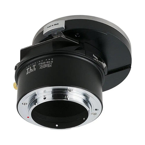 Tilt Shift Lens Mount Adapter For Pentax 645 Lenses To Sony E Mount Cameras With 20mm Total Shift 10 Degree Tilt And 360 Degree Rotation For Pro Grade High Precision Photography black metal adapter front view