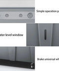 Close-up of Heavy Duty Evaporative Air Cooler With Three Speed Settings And Six Included Ice Packs showing operation panel, water level window, and brake wheel.