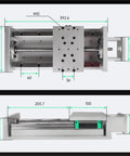 Top view of CNC Linear Motion Actuator With 200mm Stroke For X, Y And Z Axis Sliding Table Rail Guide Dual Linear Slide Rails, Limit Switches, And Motor Mount Built To Move For Precise Motion Control, showing metal guide dimensions and mounting points.