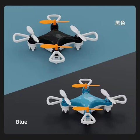Black and blue beginner friendly mini drone with one button takeoff and altitude hold, LED lights, orientation free control, propeller guards.
