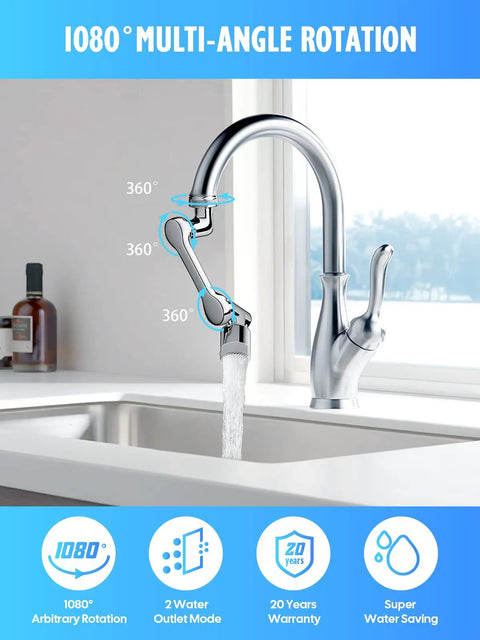 1080 Degree Swivel Faucet Aerator With Dual Water Outlet Modes, shown rotating over a sink.