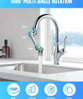 1080 Degree Rotating Faucet Extender Dual Outlet Aerator 2 Pack Universal Swivel Extension For Bathroom Sink With 360 Degree Arm And 3 Joints No Fuss Install Easy Clean Reaches Every Corner shown installed in kitchen sink.