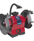 Rock Solid 550W Bench Grinder Featuring 200Mm Aluminum Oxide Grinding Wheels integrated work light and cooling tray for effective grinding.