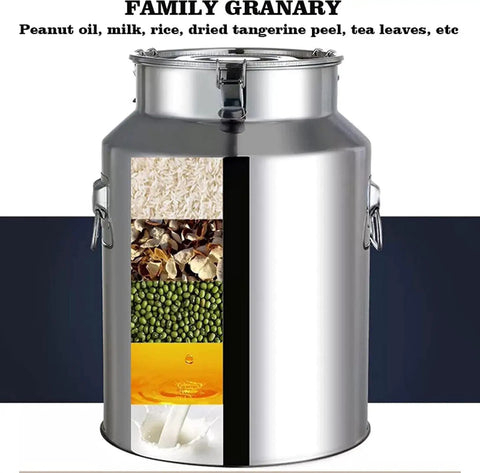 Premium Quality Heavy Gauge Stainless Steel Milk Jug And Oil Tote With No Sweat Cleaning And Rock Solid Seal 76 Liter Silver Dairy Pail For Kitchen Food And Drink Storage, showcasing various ingredients.