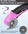 Cordless Electric Scissors Rechargeable Box Cutter That Slays Through Cardboard Fabric Leather And Paper With Self Sharpening Blade 240Rpm Motor featuring a pink handle and blade guard for safety.