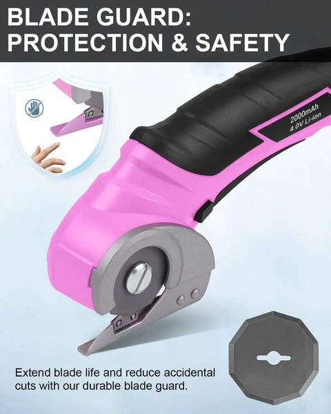 Cordless Electric Scissors Rechargeable Box Cutter That Slays Through Cardboard Fabric Leather And Paper With Self Sharpening Blade 240Rpm Motor featuring a pink handle and blade guard for safety.