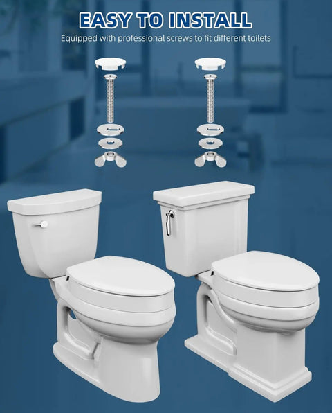 Elevated Toilet Seat 3 Inch Rise For Elongated Bowls Senior Mobility Booster Slow Close Heavy Duty Lid Grippy Base White bathroom installation setup for versatile use.