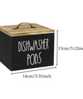 Wooden Dishwasher Pod Caddy With Secure Dustproof Lid, Rustic Farmhouse Countertop Storage Bin, 140x130mm