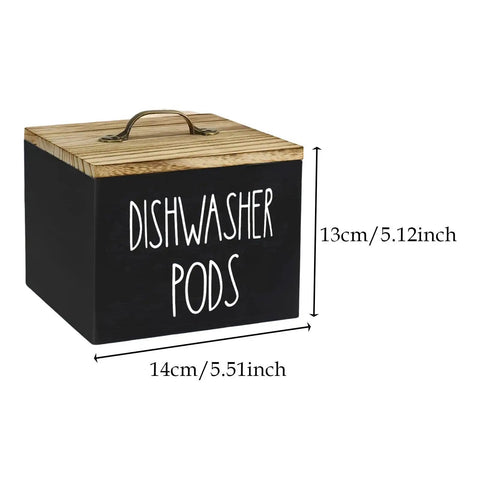Wooden Dishwasher Pod Caddy With Secure Dustproof Lid, Rustic Farmhouse Countertop Storage Bin, 140x130mm