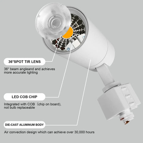 12W H Track Lighting Heads Dimmable LED Track Spotlights CRI 90 Plus 3000K Warm White 120V 36 Degree Beam detail