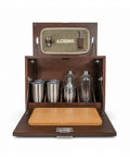 Sundowner Portable Travel Bar Kit With Handcrafted Wooden Case And Tools, On The Go Cocktail Bar open with tumblers and shaker visible