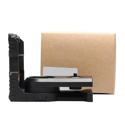 Laser Level L Shape Adapter With Magnetic Pivoting Base for wall mount, side view with packaging, magnetic surface shown