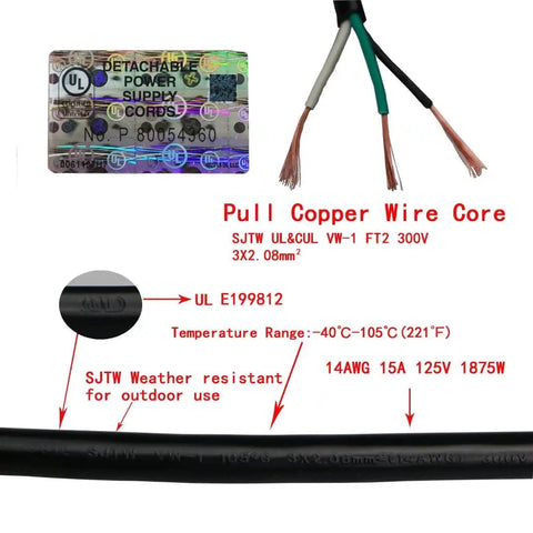 Heavy Duty 3 Outlet Outdoor Extension Cord 10 Ft 14 AWG 15 Amp Waterproof Power Strip With 3 Prong Plug showing pull copper wire core.