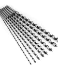 Badass Eight Piece Extra Long Auger Drill Bit Set For Woodworking Crafted From Heavy Duty Steel To Slice Through Hardwood Like Butter Includes Tough Wooden Storage Box showing assorted sizes of steel auger drill bits.