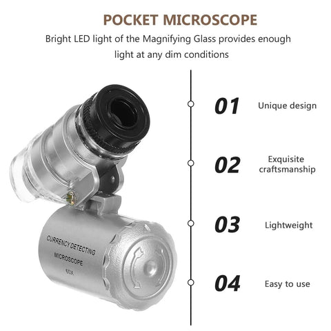 60x Pocket Microscope With LED Light For Jewelry And Currency Inspection Ultra Compact Magnifier With Bright Illumination
