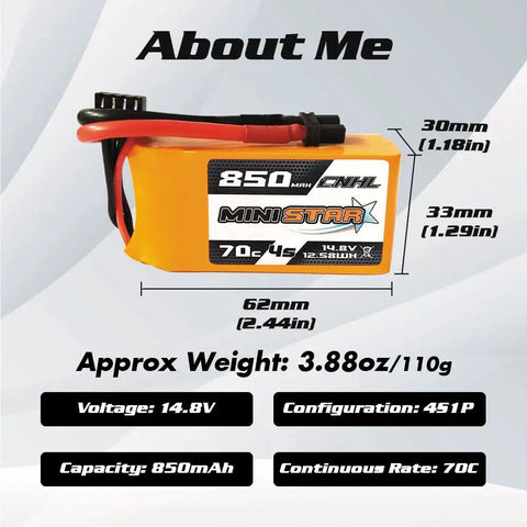 4S 850mAh 70C LiPo Battery 14.8V with XT30U connector dimensions and specs shown for RC use