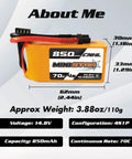 4S 850mAh 14.8V 70C LiPo Battery With XT60 Plug For RC Airplanes Helis Quadcopters FPV Racing Drones Two Pack High Discharge Fast Charge Long Cycle Life Perfect Power For Hobby Flyers, dimensions and specifications displayed next to battery