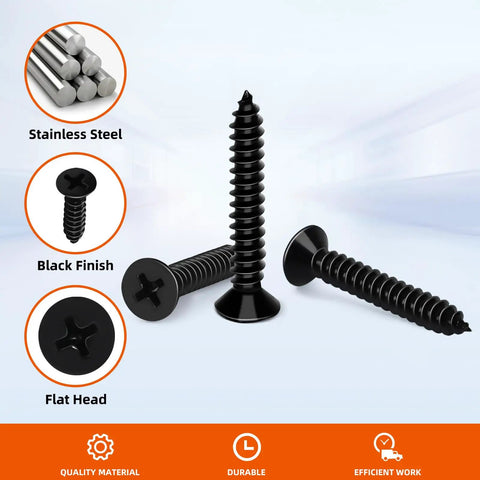 Flat Head Wood Screws Built Tough As Nails From Corrosion Resistant 304 Stainless Steel With Sleek Black Finish 50 Piece Pack Of One Inch Fasteners displayed.