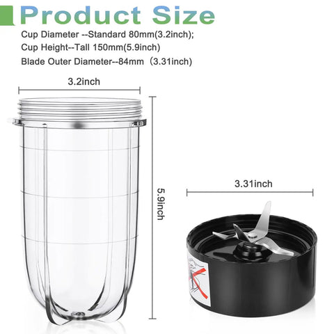 Cross Blade Replacement Kit With 16oz Cup For 250W Magic Bullet Blenders MB1001 Series with measurements