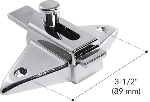 Built Tight Slick Chrome Slide Latch and Keeper Set Hella Durable Surface Mount Hardware for Garage and Shed Gates 3 1 2 Inch close-up of chrome latch