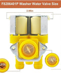 Washing Machine Solenoid Valve Replacement Kit F8286401 No Hassle Direct Fit For Compatible Washers Durable Dual Material Housing Easy Install Verify Model Compatibility With Your Manufacturer Size Chart. F8286401P washer water valve size diagram, yellow dual-coil valve, 2.95in by 3.34in