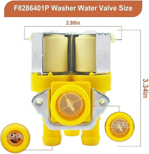 Washing Machine Solenoid Valve Replacement Kit F8286401 No Hassle Direct Fit For Compatible Washers Durable Dual Material Housing Easy Install Verify Model Compatibility With Your Manufacturer Size Chart. F8286401P washer water valve size diagram, yellow dual-coil valve, 2.95in by 3.34in