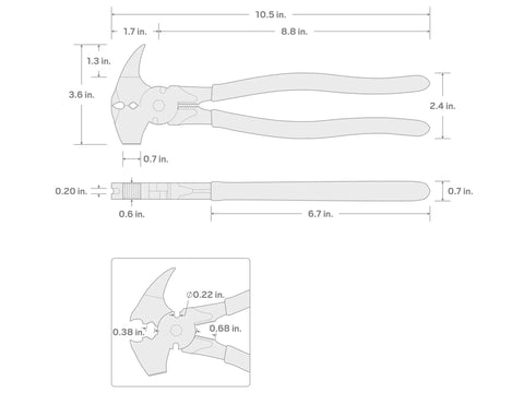 Diagram of 10-1/2 Inch Fencing Pliers with Staple and Nail Puller and Wire Splicer for Fence Installations showing dimensions