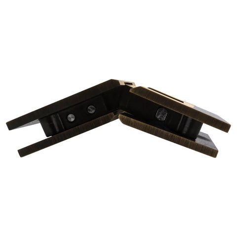 Geneva 045 Series Antique Brass Glass to Glass Hinge for frameless doors, 135 degree angle, monolithic tempered glass compatible.